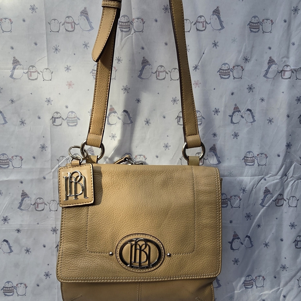 Mia Battina Beige Leather Shoulder Bag with Signature Logo Hardware
